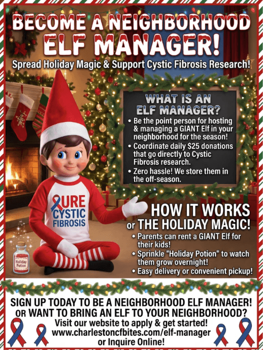 Become a Neighborhood Elf Manager flyer: a giant elf in a Cure Cystic Fibrosis shirt