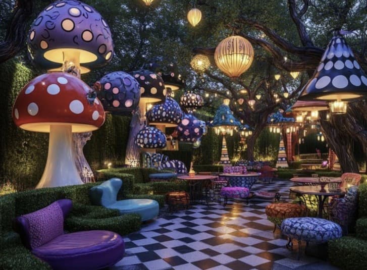 A whimsical, Wonderland-themed lane of oversized mushroom lanterns over a checkered floor, the visual inspiration for Mad for a Cure